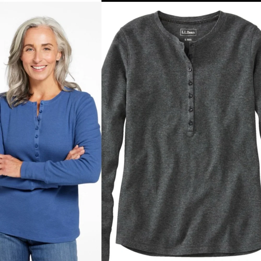 L.L Bean Waffle-Knit Henley Chatcoal Grey EUC